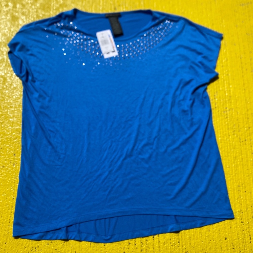 Design History Studded Top Womens XL Athens Blue NEW Short Sleeve High Low Hem
